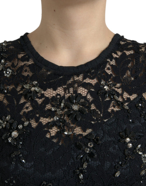 Dolce & Gabbana Exquisite Black Floral Lace Crystal Sheath Women's Dress