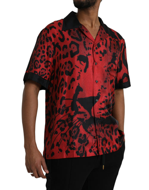 Dolce & Gabbana Red Leopard Silk Button Down Casual Men's Shirt