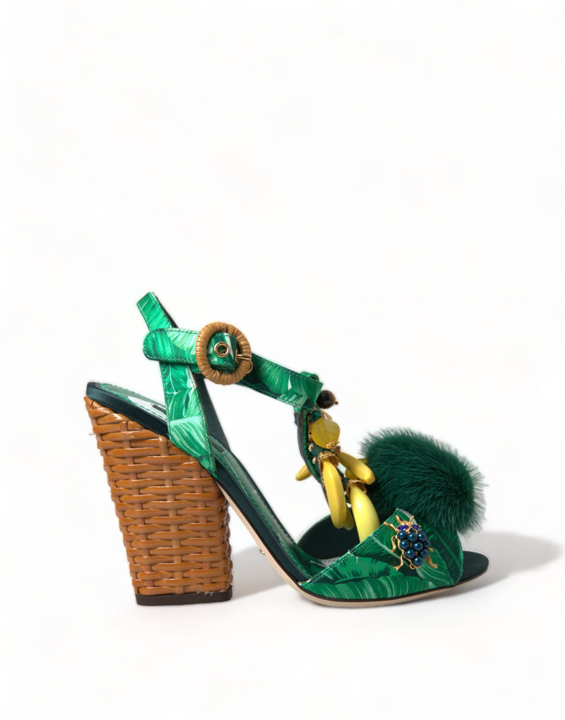 Dolce & Gabbana Green Crystal Mink Fur T-Strap Women's Sandals