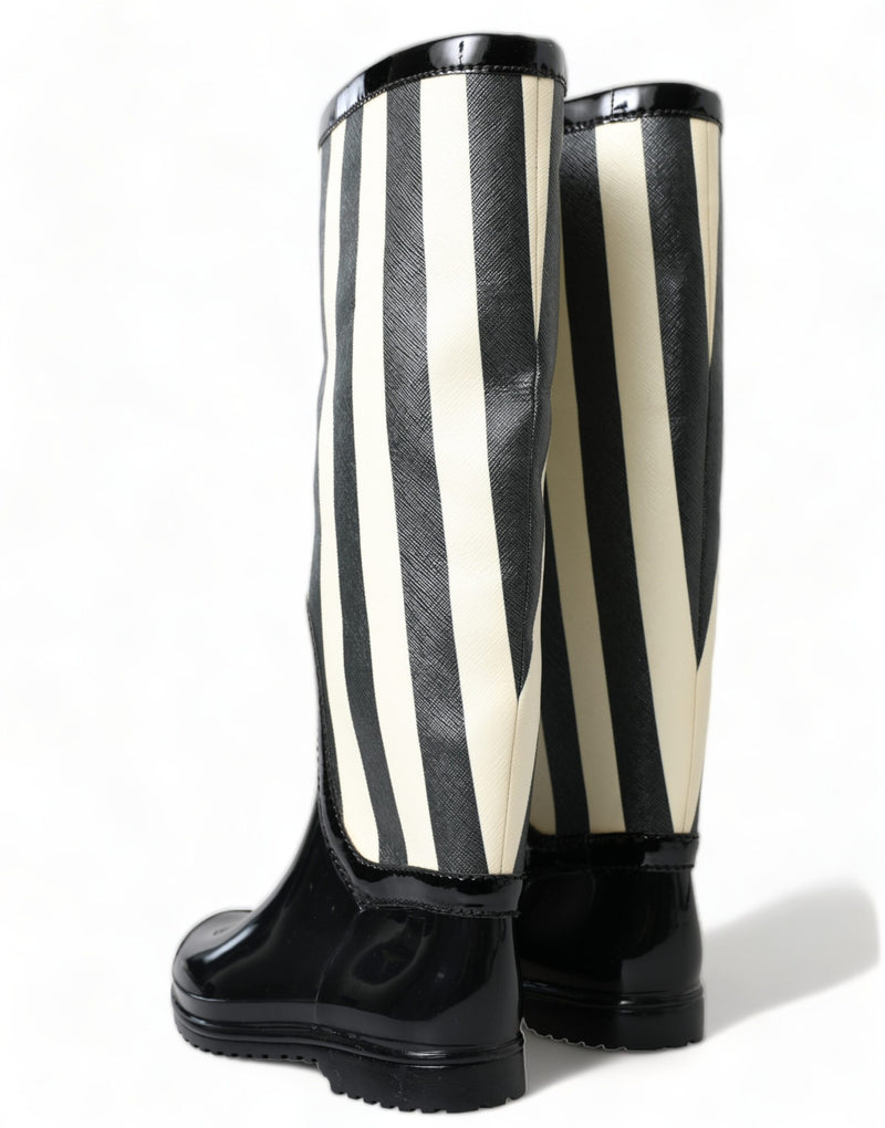 Dolce & Gabbana Black and White Striped Knee High Women's Boots