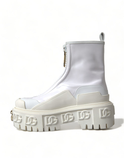 Dolce & Gabbana White Leather Logo Plaque Zip Ankle Boots Women's Shoes