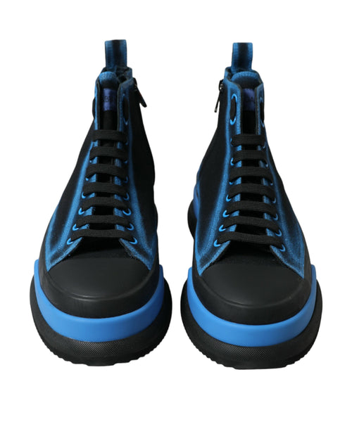 Dolce & Gabbana Black Blue Canvas Cotton High Top Sneakers Men's Shoes