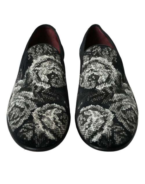 Dolce & Gabbana Black Floral Slippers Men Loafers Dress Men's Shoes
