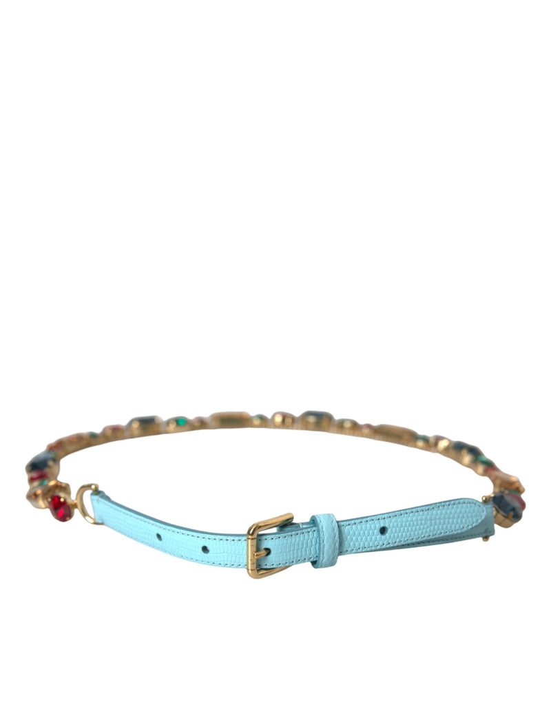 Dolce & Gabbana Light Blue Leather Crystal Chain Waist Women's Belt