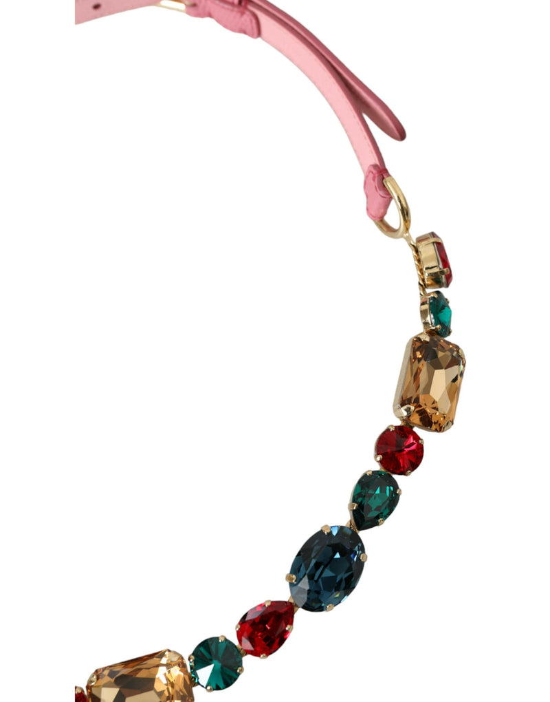 Dolce & Gabbana Pink Leather Crystal Chain Embellished Women's Belt