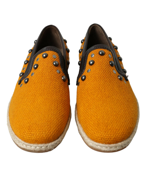 Dolce & Gabbana Orange Linen Leather Studded Loafers Men's Shoes