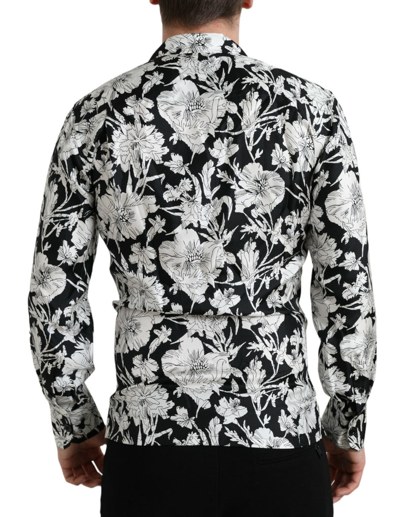 Dolce & Gabbana Black White Floral Button Down Casual Men's Shirt