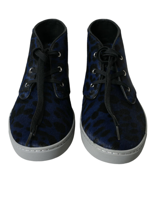 Dolce & Gabbana Blue Calfskin Leopard Mid Top Sneakers Men's Shoes