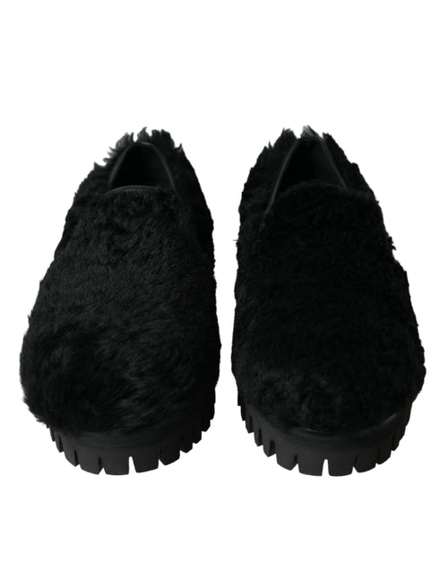 Dolce & Gabbana Elegant Black Fur Slip On Loafers for Men's Men