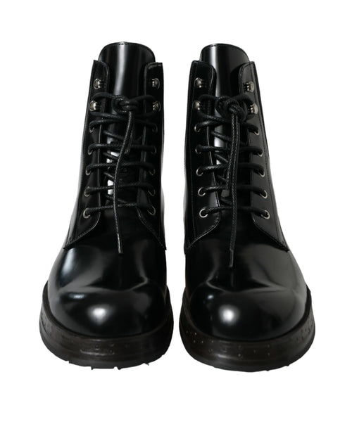 Dolce & Gabbana Black Leather Lace Up Mid Calf Boots Men's Shoes