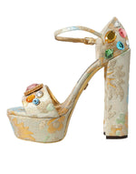 Dolce & Gabbana Gold Floral Jacquard Crystal Sandals Women's Shoes