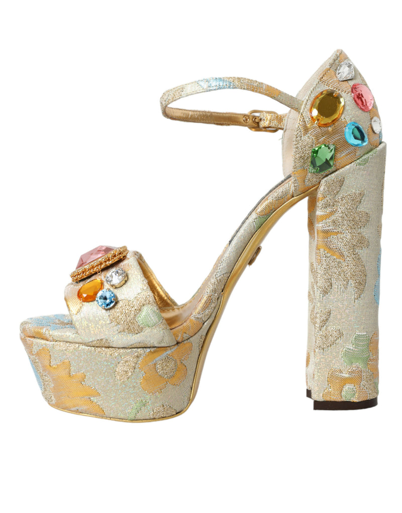 Dolce & Gabbana Gold Floral Jacquard Crystal Sandals Women's Shoes