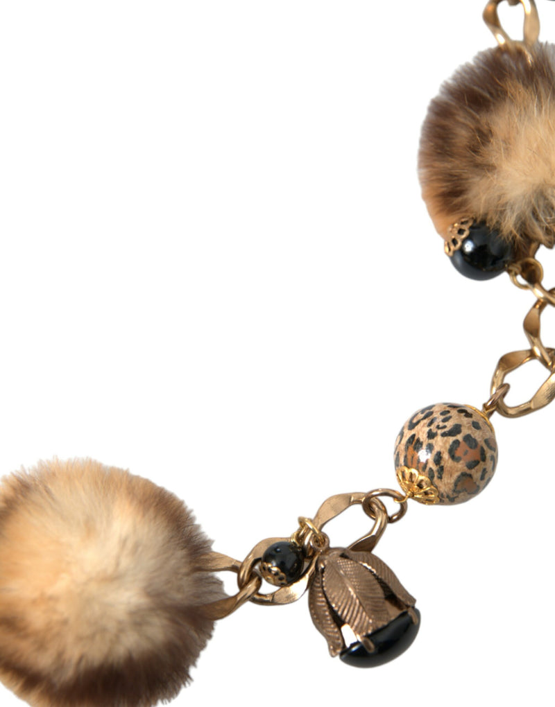 Dolce & Gabbana Gold Brass Leopard Fur Pearl Collier Chain Women's Belt