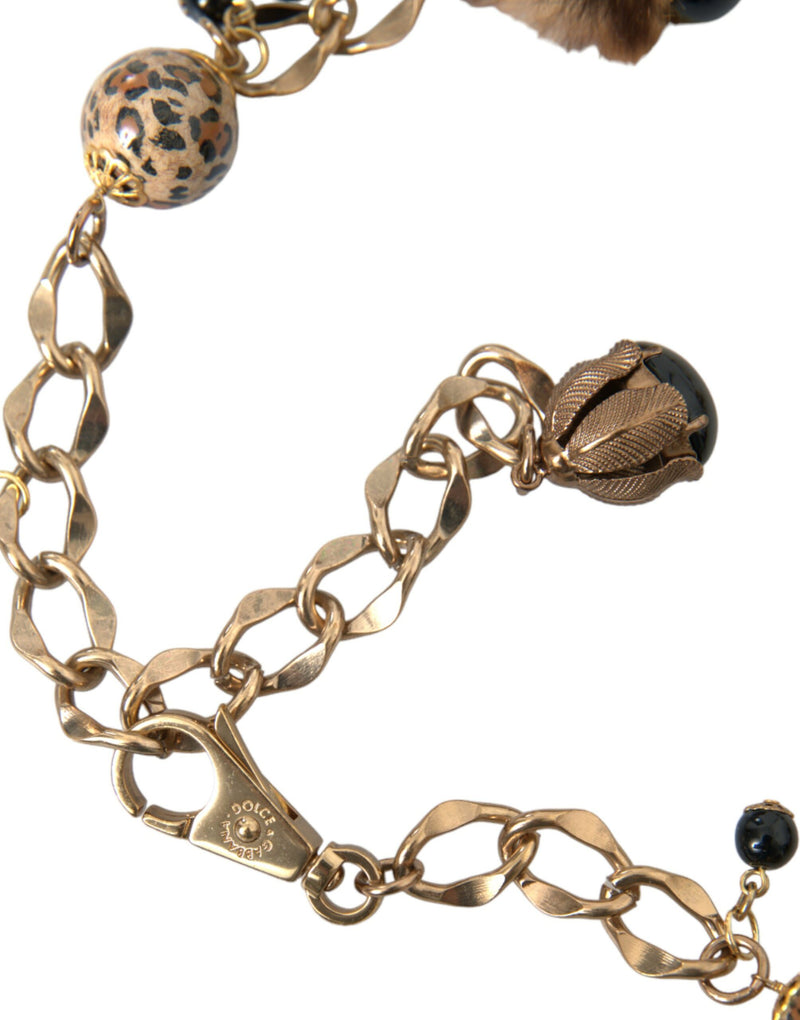 Dolce & Gabbana Gold Brass Leopard Fur Pearl Collier Chain Women's Belt