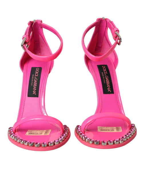 Dolce & Gabbana Pink Leather Crystal Heels Sandals Women's Shoes