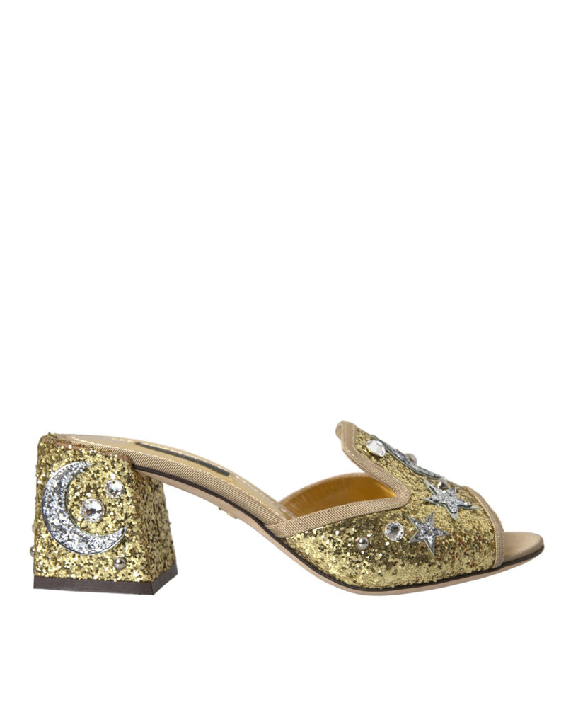 Dolce & Gabbana Gold Sequin Leather Heels Sandals Women's Shoes