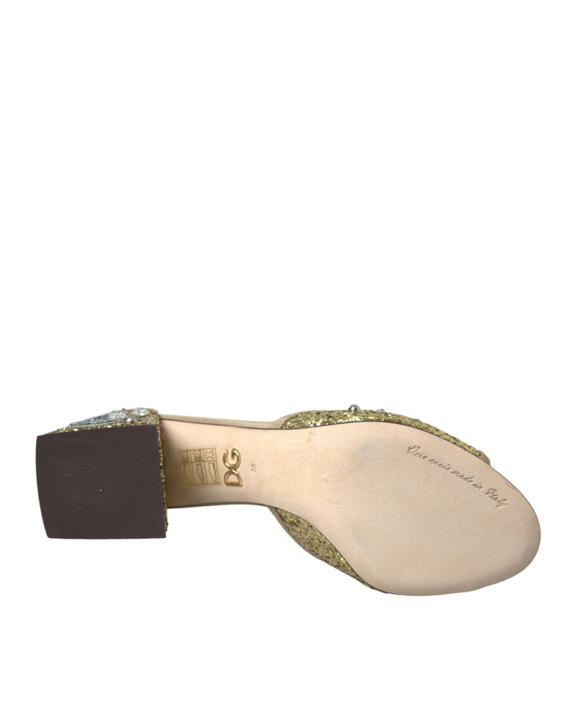 Dolce & Gabbana Gold Sequin Leather Heels Sandals Women's Shoes