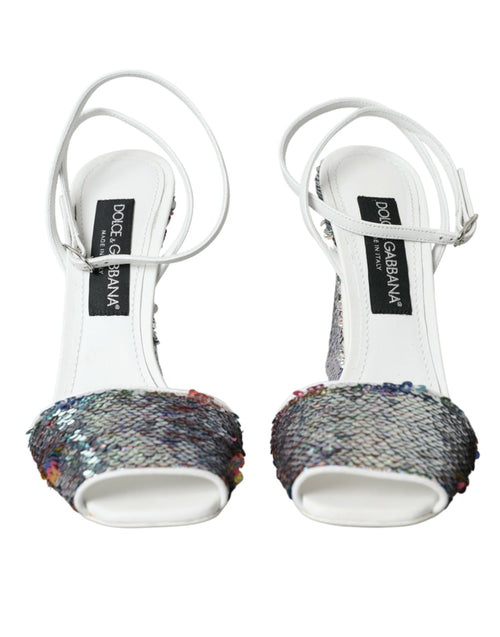 Dolce & Gabbana White Silver Sequin Ankle Strap Sandals Women's Shoes