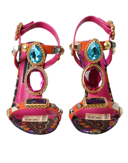 Dolce & Gabbana Pink Jacquard Crystals Sandals Heels Women's Shoes