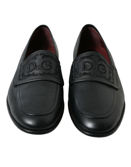 Dolce & Gabbana Black Leather Logo Embroidery Loafers Dress Men's Shoes