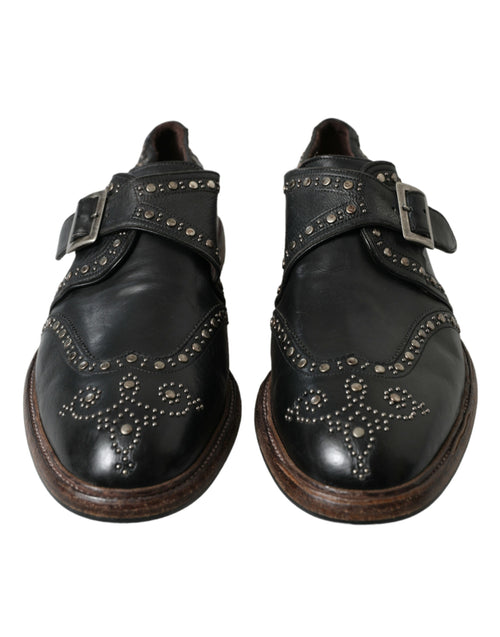 Dolce & Gabbana Black Leather Monk Strap Studded Dress Men's Shoes