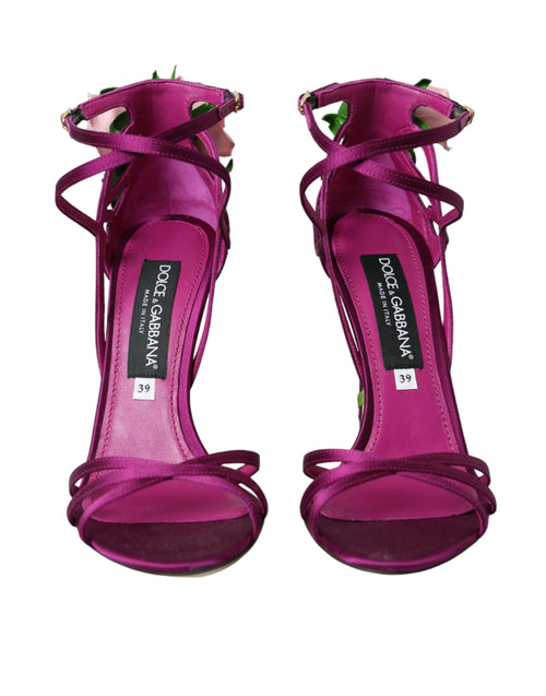 Dolce & Gabbana Purple Flower Satin Heels Sandals Women's Shoes
