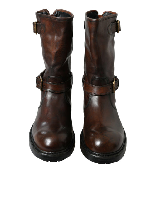 Dolce & Gabbana Brown Leather Mid Calf Biker Boots Men's Shoes