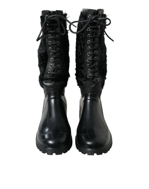 Dolce & Gabbana Black Rubber Lace Up Shearling Rain Boots Men's Shoes