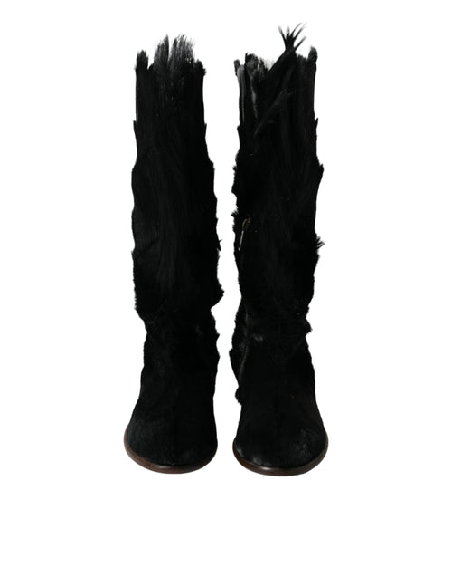 Dolce & Gabbana Black Gazelle Fur Mid Calf Winter Boots Men's Shoes