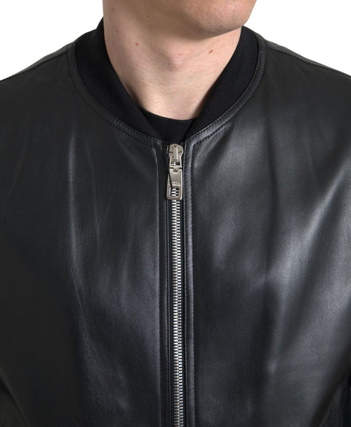 Dolce & Gabbana Black Leather Full Zip Bomber Men Men's Jacket