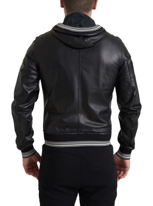 Dolce & Gabbana Black Leather Full Zip Hooded Men Men's Jacket