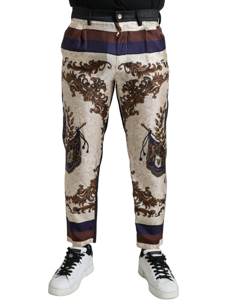 Dolce & Gabbana Elegant Silk Skinny Pants with Heraldic Men's Print