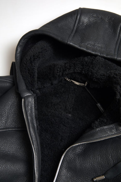 Dolce & Gabbana Elegant Black Leather Full Zip Men's Hoodie