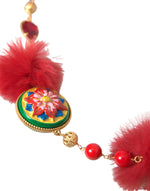 Dolce & Gabbana Gold Brass Red Fur Crystal Waist Torero Waist Women's Belt