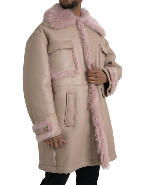 Dolce & Gabbana Beige Pink Lamb Leather Shearling Coat Men's Jacket