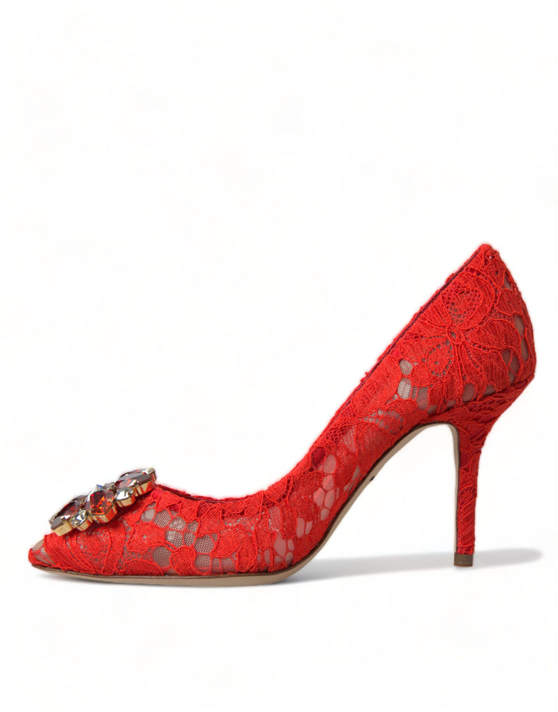Dolce & Gabbana Exquisite Crystal-Embellished Red Lace Women's Heels