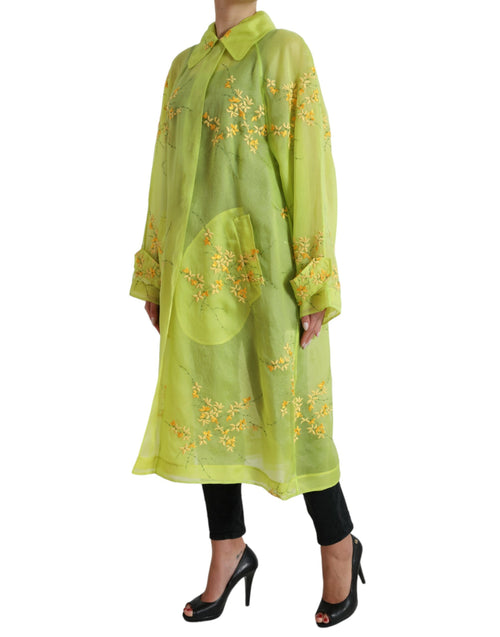 Dolce & Gabbana Green Silk Floral Embroidery Long Coat Women's Jacket