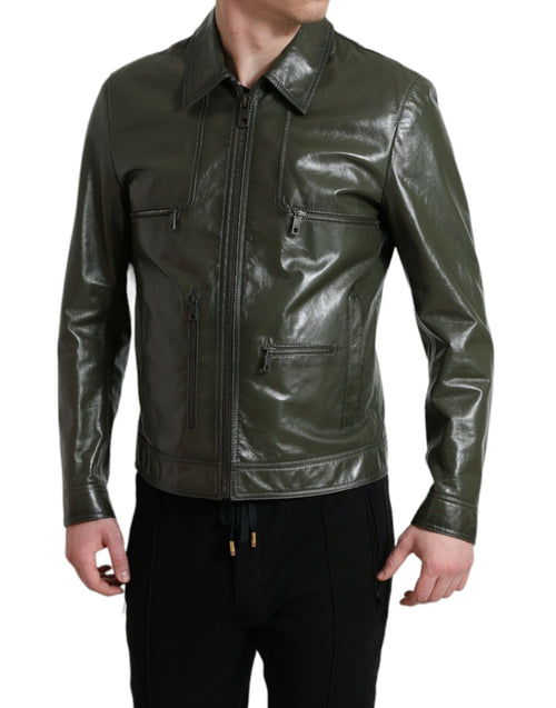 Dolce & Gabbana Green Leather Collared Biker Full Zip Men's Jacket