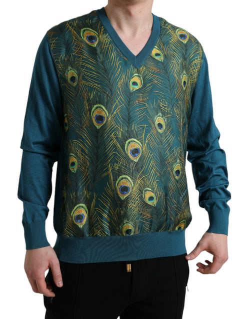 Dolce & Gabbana Silk V-Neck Peacock Feather Men's Sweater