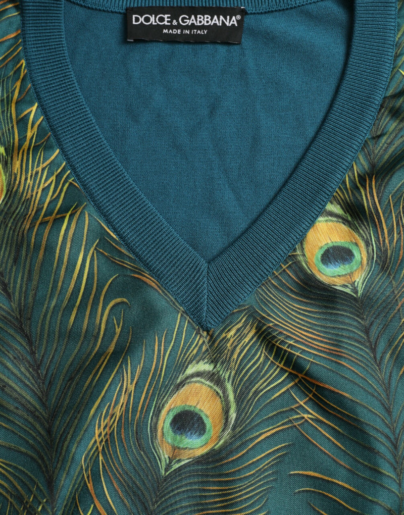 Dolce & Gabbana Silk V-Neck Peacock Feather Men's Sweater