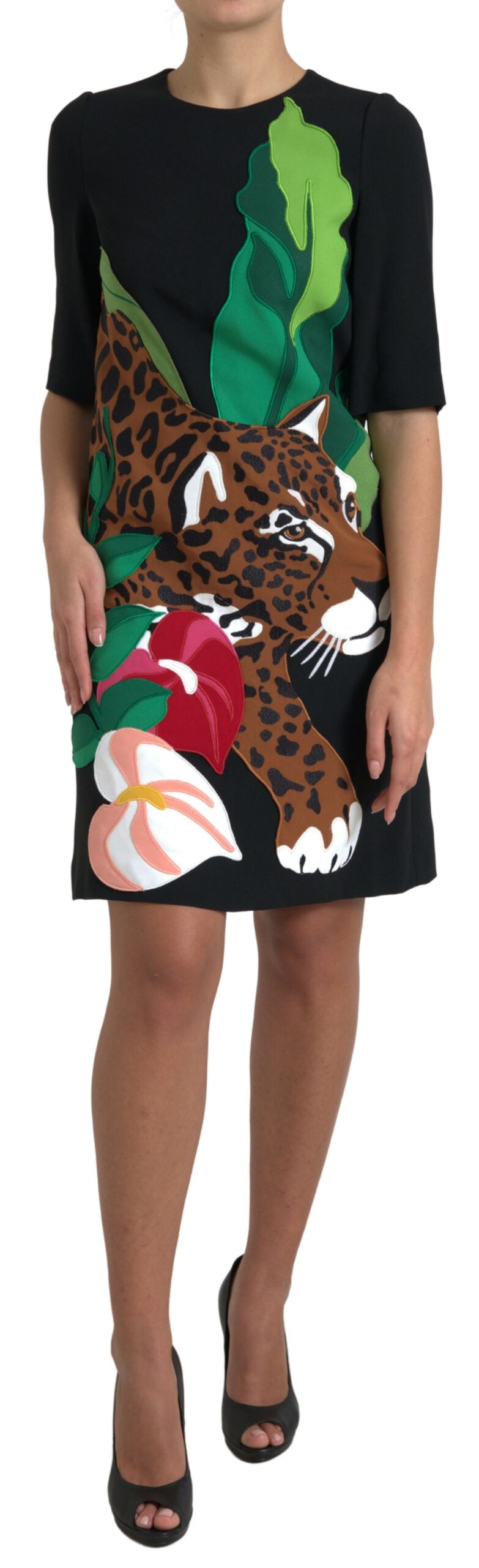 Dolce & Gabbana Black Tiger Jungle Print Sheath Stretch Women's Dress