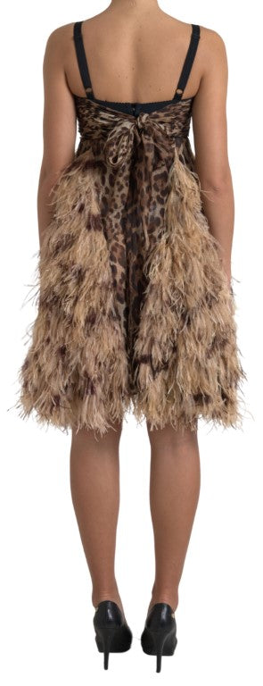 Dolce & Gabbana Sleeveless Leopard Chiffon Ostrich-Feather Women's Dress