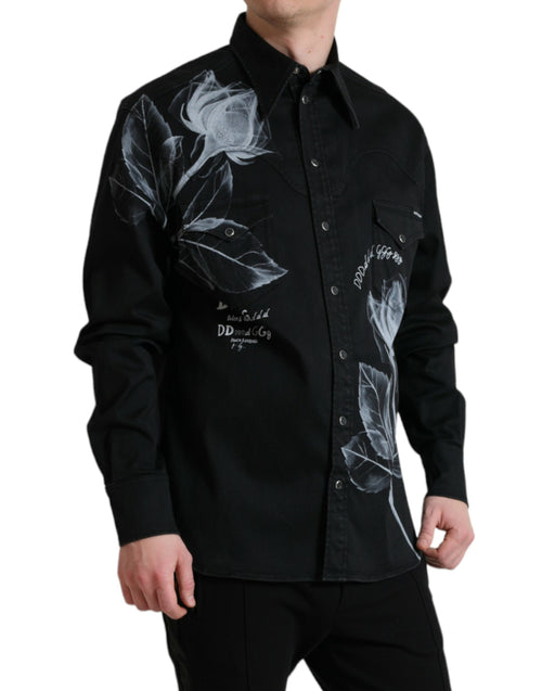 Dolce & Gabbana Black Floral Cotton Collared Dress Men's Shirt