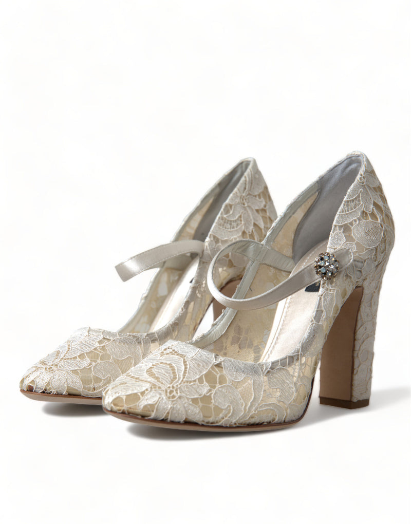 Dolce & Gabbana Chic Lace Block Heels Sandals in Cream Women's White