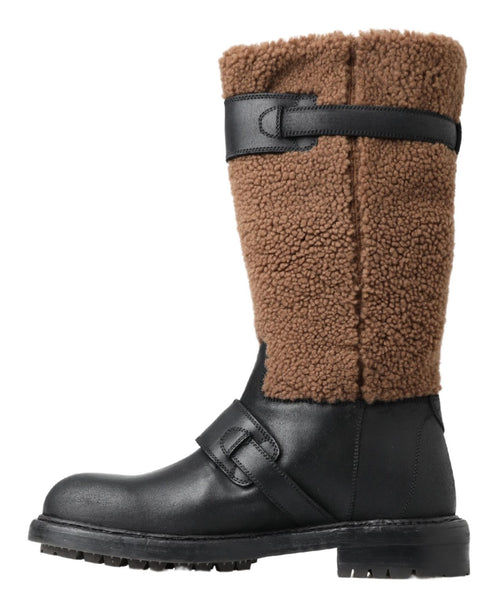 Dolce & Gabbana Black Leather Brown Shearling Men's Boots