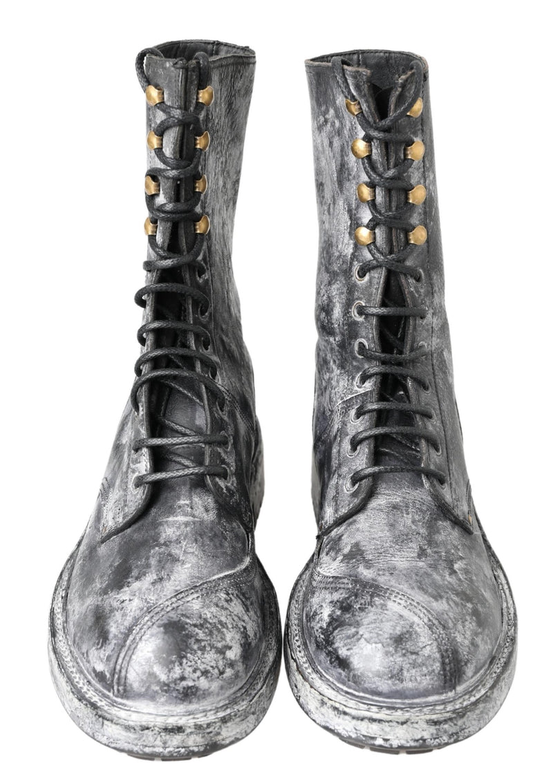 Dolce & Gabbana Chic Black Lace-Up Boots with Gray White Men's Fade