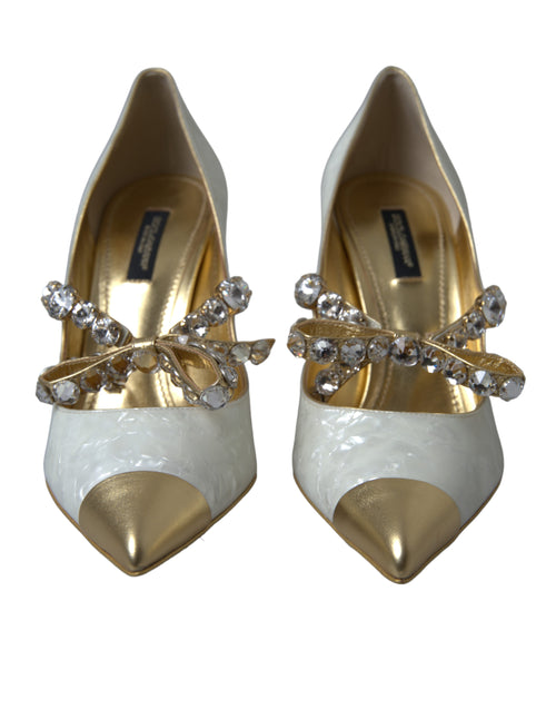 Dolce & Gabbana Elegant White Patent Crystal Bow Women's Heels