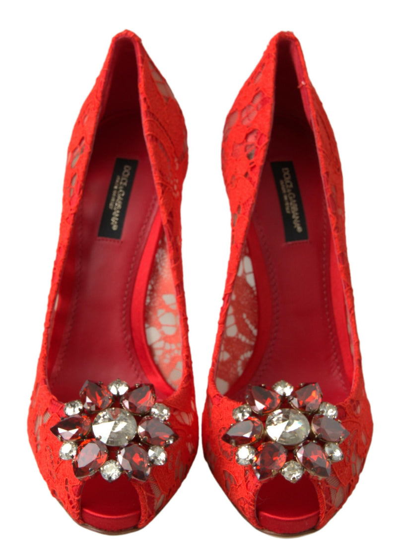 Dolce & Gabbana Chic Red Lace Heels with Crystal Women's Embellishment