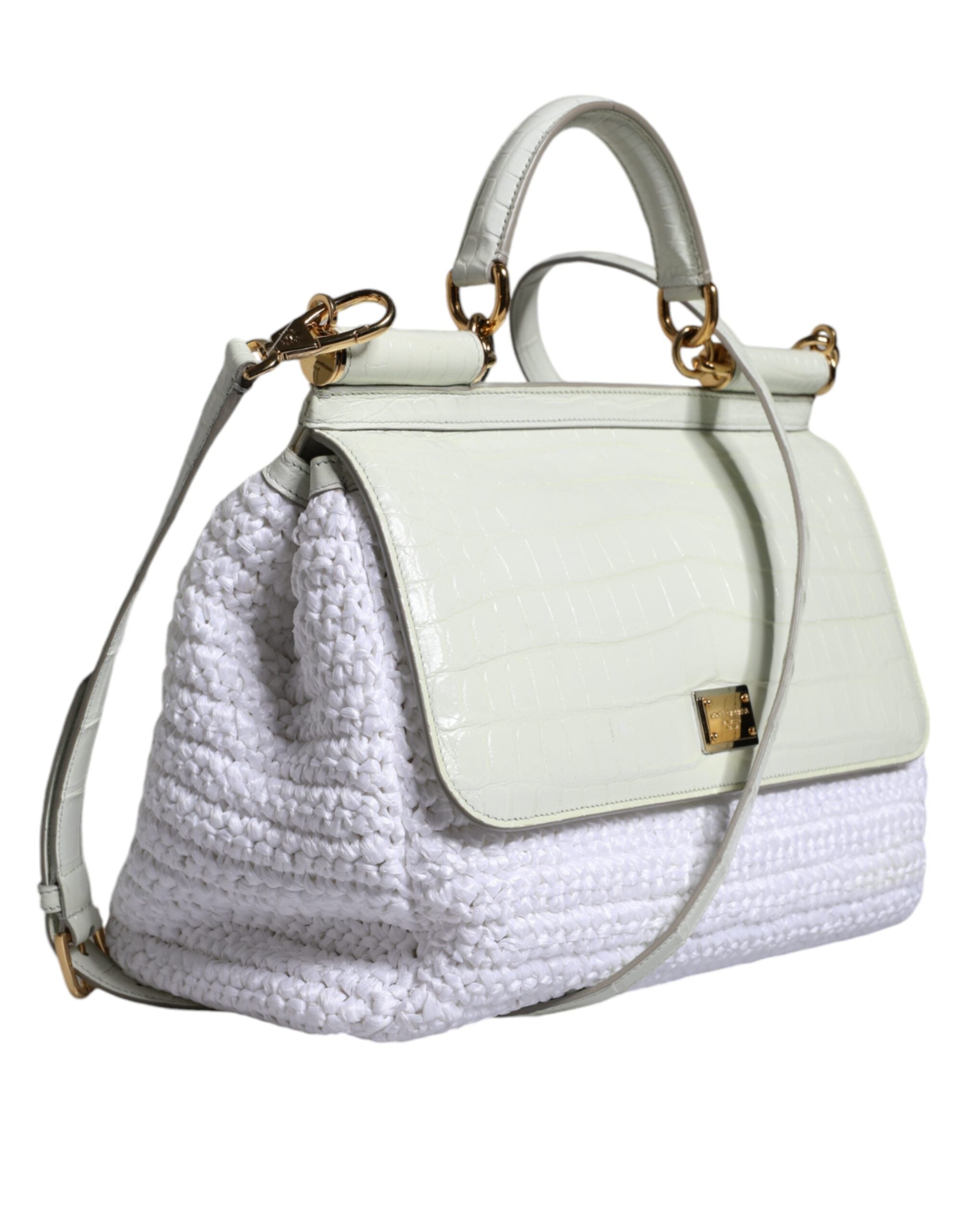 Dolce & Gabbana White Rafia Leather SICILY Crossbody Women's Bag