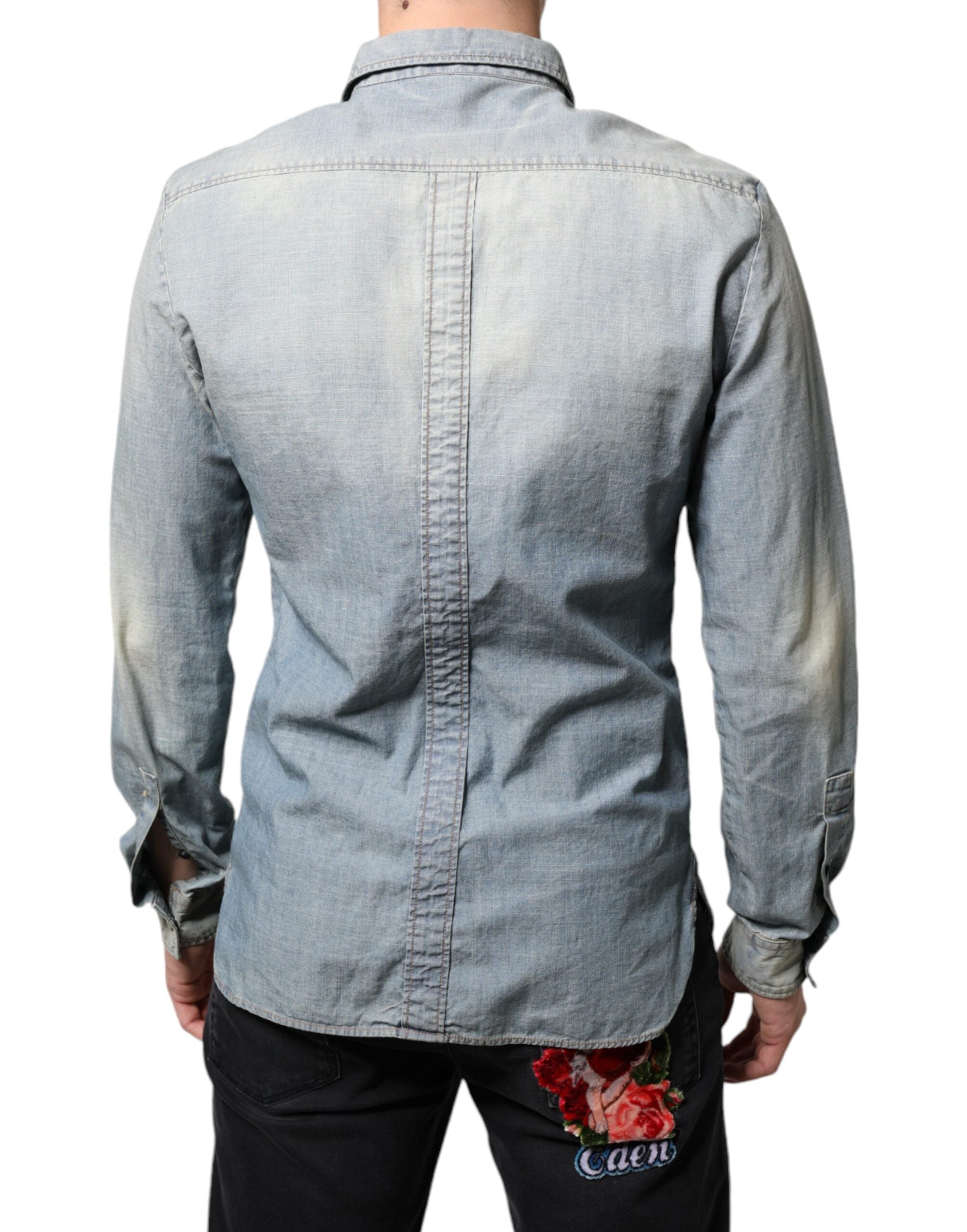 John Galliano Light Blue Printed Cotton Denim Long Sleeves Men's Shirt